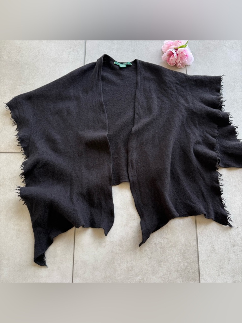 Lauren Ralph Lauren poncho Black Wool Blend Scarf Cashmere logo open front OS